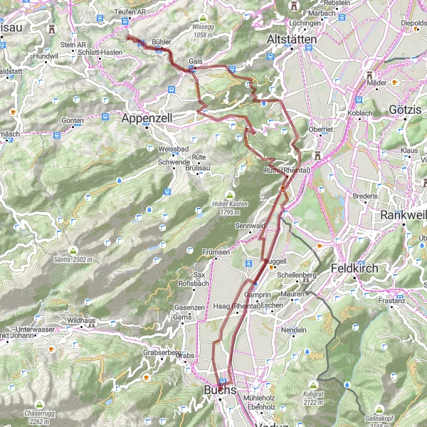 Miniature de la carte de l'inspiration cycliste "Aventure gravel autour de Buchs et Ruggell" dans la Ostschweiz, Switzerland. Générée par le planificateur d'itinéraire cycliste Tarmacs.app