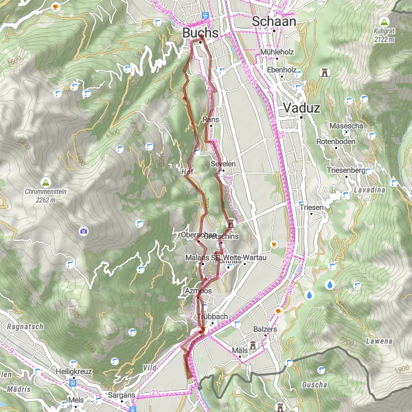 Miniature de la carte de l'inspiration cycliste "Escapade en Gravel autour de Trübbach" dans la Ostschweiz, Switzerland. Générée par le planificateur d'itinéraire cycliste Tarmacs.app