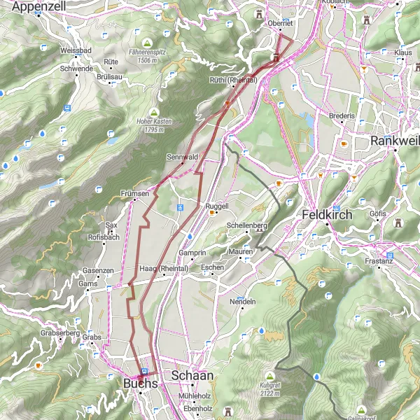 Miniaturní mapa "Jízda po krajině kolem Buchs" inspirace pro cyklisty v oblasti Ostschweiz, Switzerland. Vytvořeno pomocí plánovače tras Tarmacs.app