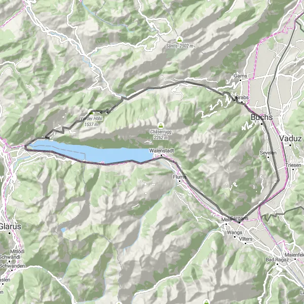 Miniatura della mappa di ispirazione al ciclismo "Sulle Strade di Sargans e del Walensee" nella regione di Ostschweiz, Switzerland. Generata da Tarmacs.app, pianificatore di rotte ciclistiche