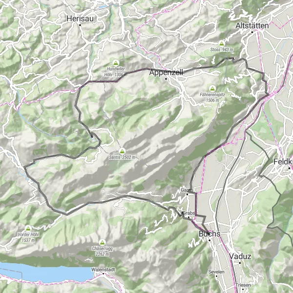 Karttaminiaatyyri "Churfirsten ja Appenzell kierros" pyöräilyinspiraatiosta alueella Ostschweiz, Switzerland. Luotu Tarmacs.app pyöräilyreittisuunnittelijalla