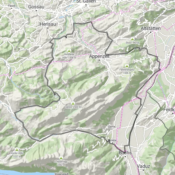 Miniatua del mapa de inspiración ciclista "Aventura en bici por el Valle de Rin" en Ostschweiz, Switzerland. Generado por Tarmacs.app planificador de rutas ciclistas