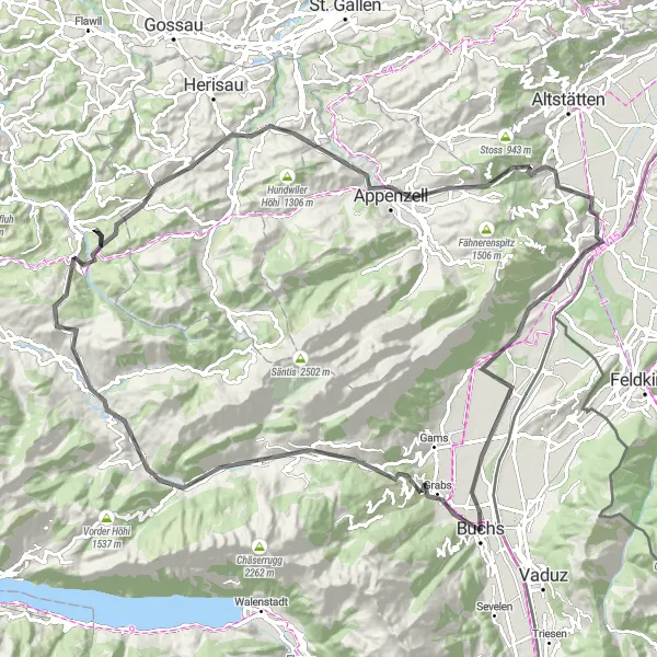 Miniaturekort af cykelinspirationen "Landevejscykelrute til Appenzell og Oberriet" i Ostschweiz, Switzerland. Genereret af Tarmacs.app cykelruteplanlægger
