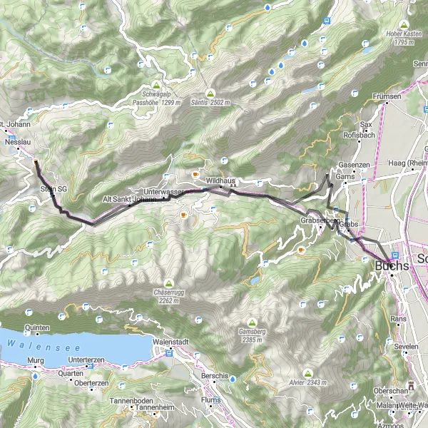 Zemljevid v pomanjšavi "Pojdimo na cestno kolesarsko turo skozi slikovito švicarsko pokrajino" kolesarske inspiracije v Ostschweiz, Switzerland. Generirano z načrtovalcem kolesarskih poti Tarmacs.app