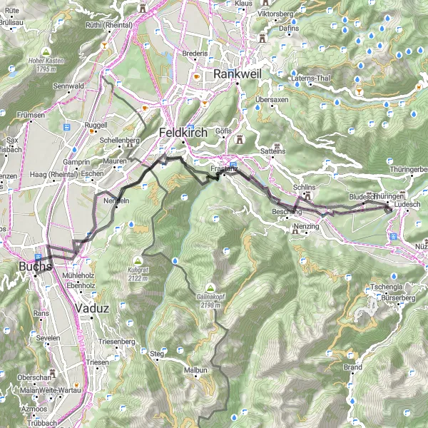 Miniatuurkaart van de fietsinspiratie "Mountainous Road Adventure" in Ostschweiz, Switzerland. Gemaakt door de Tarmacs.app fietsrouteplanner