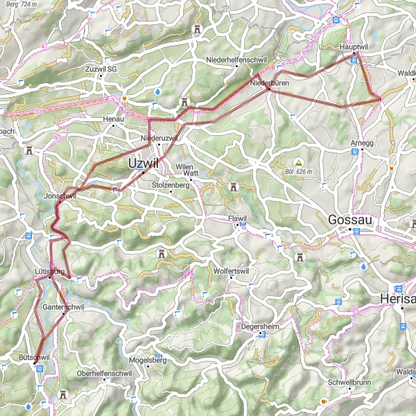 Zemljevid v pomanjšavi "Gravel Route Bütschwil - Lütisburg - Oberbüren - Jonschwil" kolesarske inspiracije v Ostschweiz, Switzerland. Generirano z načrtovalcem kolesarskih poti Tarmacs.app