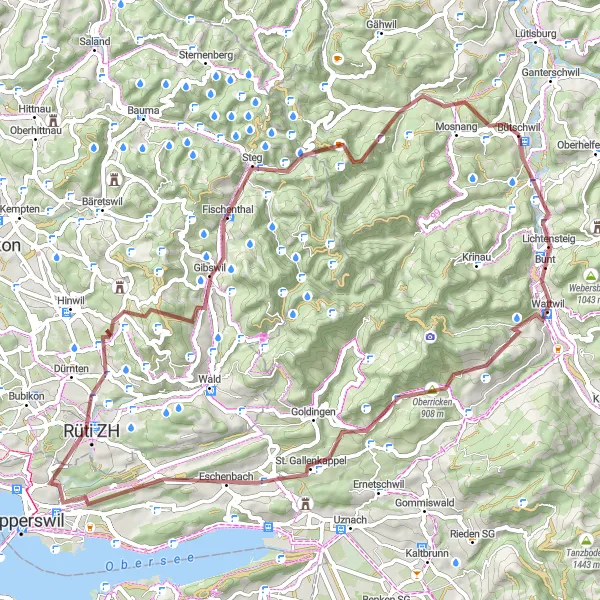 Mapa miniatúra "Náročná cyklotúra cez Bachtel a Mosnang" cyklistická inšpirácia v Ostschweiz, Switzerland. Vygenerované cyklistickým plánovačom trás Tarmacs.app