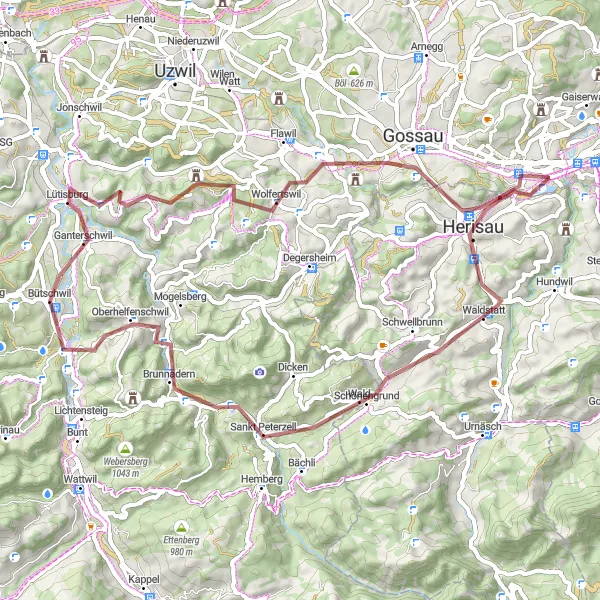 Miniatua del mapa de inspiración ciclista "Ruta de Ciclismo de Grava Bütschwil-Lütisburg-Herisau-Schönengrund-Oberhelfenschwil-Bütschwil" en Ostschweiz, Switzerland. Generado por Tarmacs.app planificador de rutas ciclistas