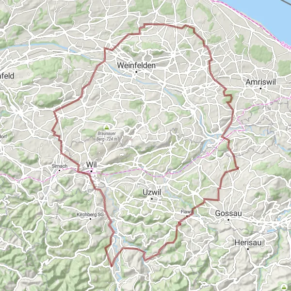 Miniatua del mapa de inspiración ciclista "Ruta de Ciclismo de Grava Bütschwil-Wil-Bischofszell-Ganterschwil-Bütschwil" en Ostschweiz, Switzerland. Generado por Tarmacs.app planificador de rutas ciclistas