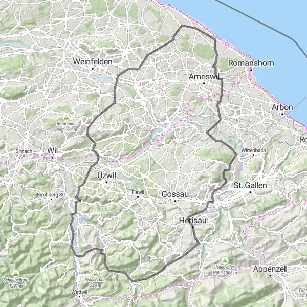 Miniatura della mappa di ispirazione al ciclismo "Tour delle cascine e frutteti nella regione di St. Gallen" nella regione di Ostschweiz, Switzerland. Generata da Tarmacs.app, pianificatore di rotte ciclistiche