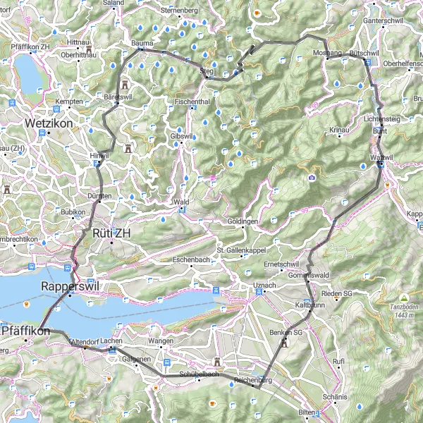 Miniatura della mappa di ispirazione al ciclismo "Cicloturismo attraverso le valli di Bütschwil" nella regione di Ostschweiz, Switzerland. Generata da Tarmacs.app, pianificatore di rotte ciclistiche