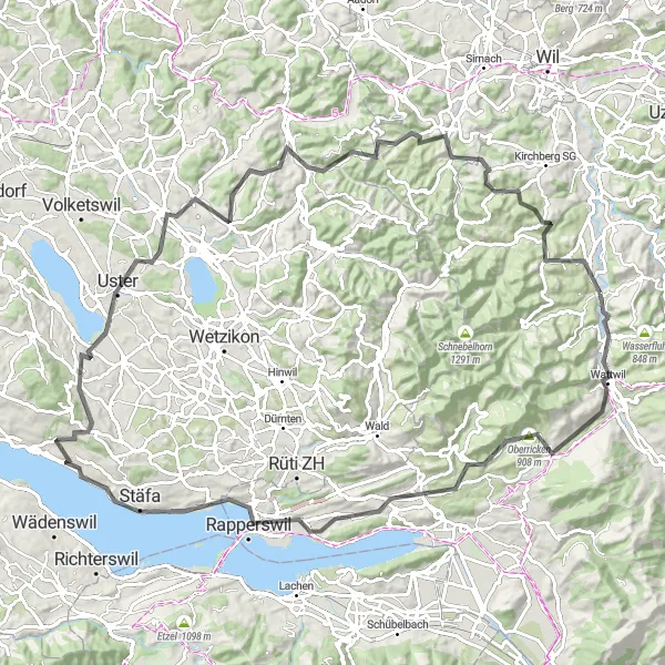 Zemljevid v pomanjšavi "Čudovita kolesarska avantura v okolici Bütschwila" kolesarske inspiracije v Ostschweiz, Switzerland. Generirano z načrtovalcem kolesarskih poti Tarmacs.app