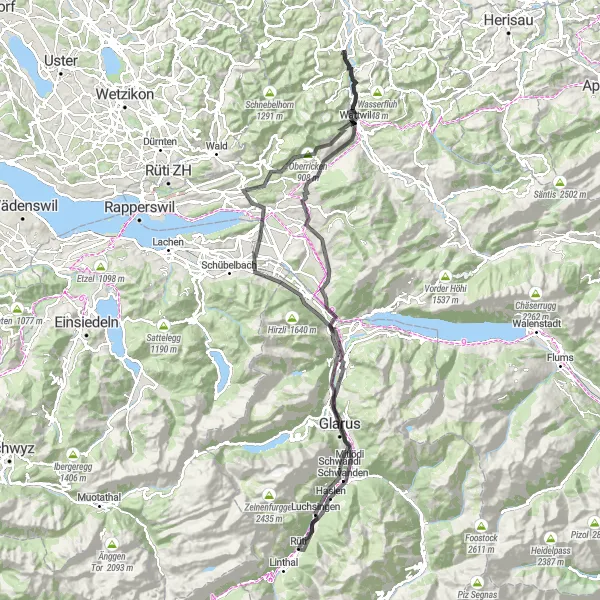 Miniatua del mapa de inspiración ciclista "Ruta de Ciclismo de Carretera Bütschwil-Oberricken-Betschwanden-Netstal-Bütschwil" en Ostschweiz, Switzerland. Generado por Tarmacs.app planificador de rutas ciclistas