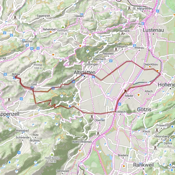 Zemljevid v pomanjšavi "Odkrivanje naravnih lepot okoli Bühlerja" kolesarske inspiracije v Ostschweiz, Switzerland. Generirano z načrtovalcem kolesarskih poti Tarmacs.app