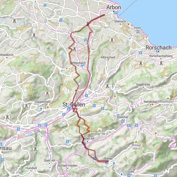 Map miniature of "Bühler - Teufen AR - Berg SG - Kybun Tower - Wittenbach - Lokremise - Egg" cycling inspiration in Ostschweiz, Switzerland. Generated by Tarmacs.app cycling route planner
