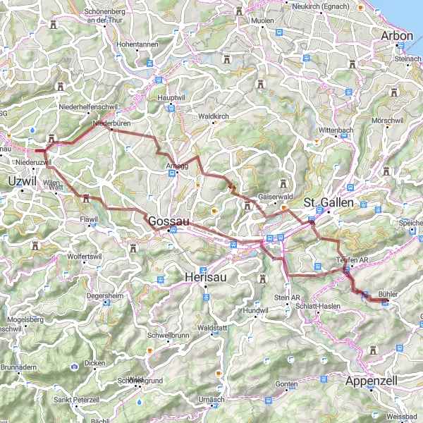 Map miniature of "Bühler - Häuslersegg - Gaiserwald - Biotop - Niederhelfenschwil - Oberbüren - Gossau - Winkeln - Mühltobel" cycling inspiration in Ostschweiz, Switzerland. Generated by Tarmacs.app cycling route planner