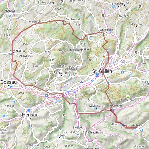 Map miniature of "Bühler - Winkeln - Waldkirch - St. Gallen - Teufen AR" cycling inspiration in Ostschweiz, Switzerland. Generated by Tarmacs.app cycling route planner