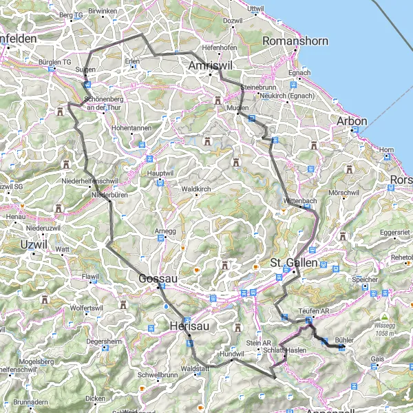 Miniature de la carte de l'inspiration cycliste "Les joyaux de l'Est" dans la Ostschweiz, Switzerland. Générée par le planificateur d'itinéraire cycliste Tarmacs.app