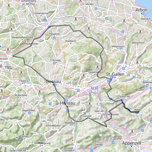 Kartminiatyr av "Bühler - Schlatt-Haslen - Aussichtspunkt Reservoir - Herisau - Niederbüren - Mündung Sitter in Thur - Gaiserwald - Teufen AR - Bühler Veissykkeltur" sykkelinspirasjon i Ostschweiz, Switzerland. Generert av Tarmacs.app sykkelrutoplanlegger