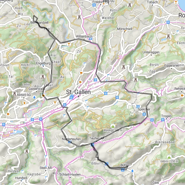 Karttaminiaatyyri "Pyöräilyreitti Bühler - Egg - Wittenbach - Teufen AR" pyöräilyinspiraatiosta alueella Ostschweiz, Switzerland. Luotu Tarmacs.app pyöräilyreittisuunnittelijalla