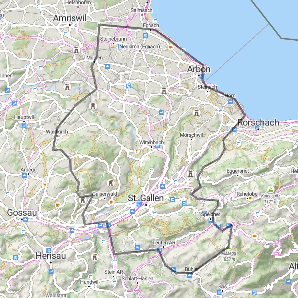 Miniaturní mapa "Road Trasa k jezeru Constance" inspirace pro cyklisty v oblasti Ostschweiz, Switzerland. Vytvořeno pomocí plánovače tras Tarmacs.app