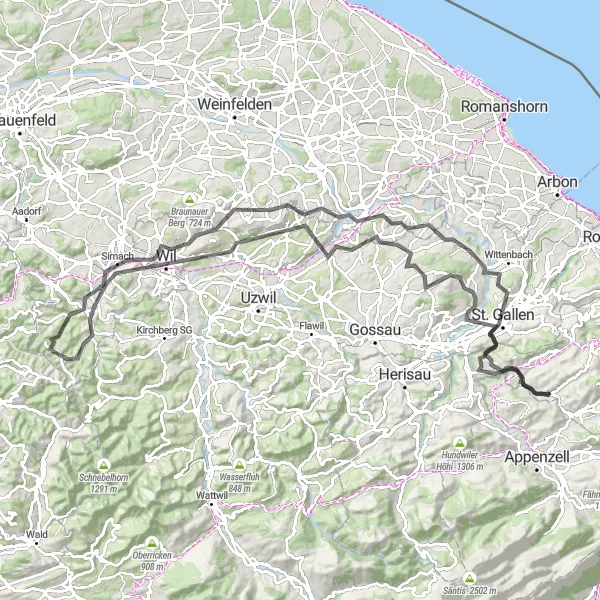 Karten-Miniaturansicht der Radinspiration "Hügeliges Abenteuer rund um Bühler" in Ostschweiz, Switzerland. Erstellt vom Tarmacs.app-Routenplaner für Radtouren