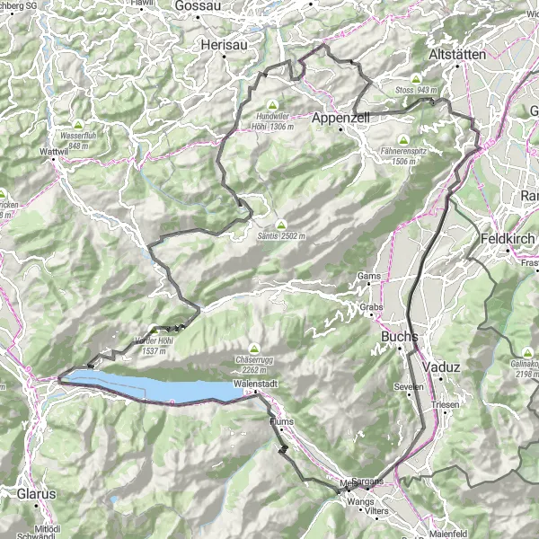 Map miniature of "Eastern Swiss Road Cycling Adventure" cycling inspiration in Ostschweiz, Switzerland. Generated by Tarmacs.app cycling route planner