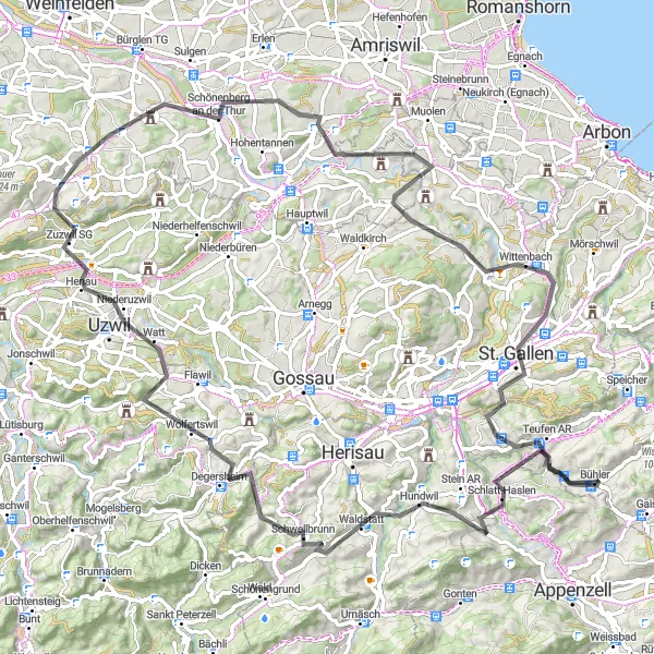 Kartminiatyr av "Bühler til Teufen AR Road Cycling Route" sykkelinspirasjon i Ostschweiz, Switzerland. Generert av Tarmacs.app sykkelrutoplanlegger