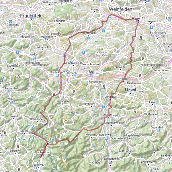 Miniaturekort af cykelinspirationen "Grusvej cykelrute med 1846 meters stigning og 89 kilometer afstand omkring Bürglen" i Ostschweiz, Switzerland. Genereret af Tarmacs.app cykelruteplanlægger