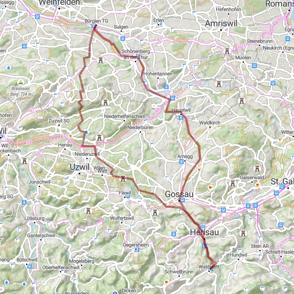 Mapa miniatúra "Gravel trasa cez krajinu Thur-Warth" cyklistická inšpirácia v Ostschweiz, Switzerland. Vygenerované cyklistickým plánovačom trás Tarmacs.app