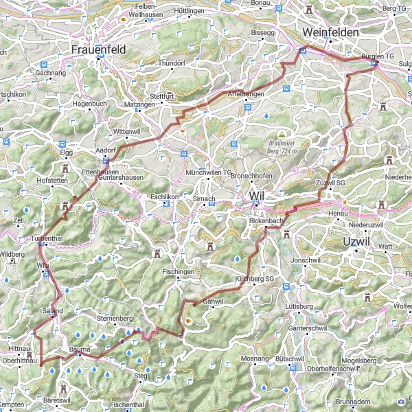 Miniatua del mapa de inspiración ciclista "Ruta de ciclismo de gravilla desde Bürglen TG a Rothenhausen" en Ostschweiz, Switzerland. Generado por Tarmacs.app planificador de rutas ciclistas