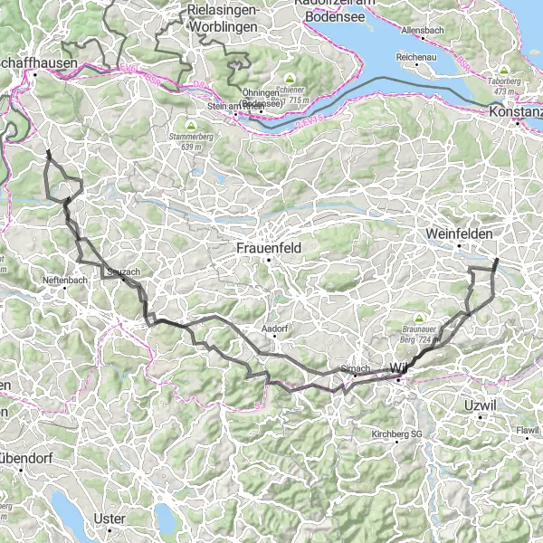 Kartminiatyr av "Bürglen - Wuppenau - Hasenloo - Elsau - Marthalen - Andelfingen - Lindberg - Hulmen - Hofstetten - Bichelsee - Jubla Turm Sirnach - Gärtensberg" cykelinspiration i Ostschweiz, Switzerland. Genererad av Tarmacs.app cykelruttplanerare