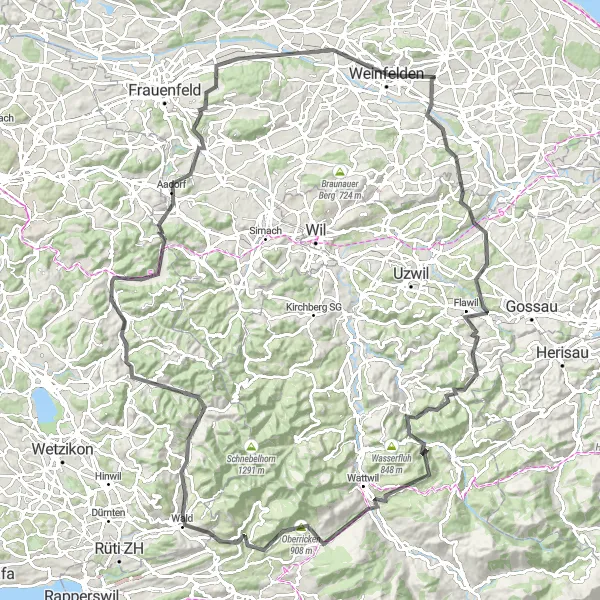 Miniatua del mapa de inspiración ciclista "Ruta de ciclismo de carretera a través de Bürglen TG a Weinfelden" en Ostschweiz, Switzerland. Generado por Tarmacs.app planificador de rutas ciclistas