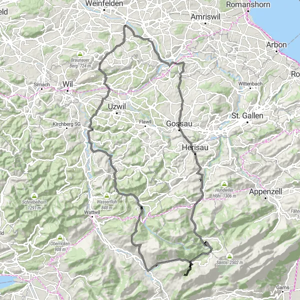 Map miniature of "Thur Valley Loop" cycling inspiration in Ostschweiz, Switzerland. Generated by Tarmacs.app cycling route planner