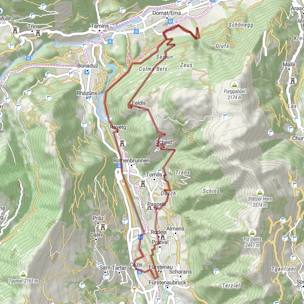 Miniatura della mappa di ispirazione al ciclismo "Giro in bicicletta di Cazis a Burg Hochjuvalt" nella regione di Ostschweiz, Switzerland. Generata da Tarmacs.app, pianificatore di rotte ciclistiche