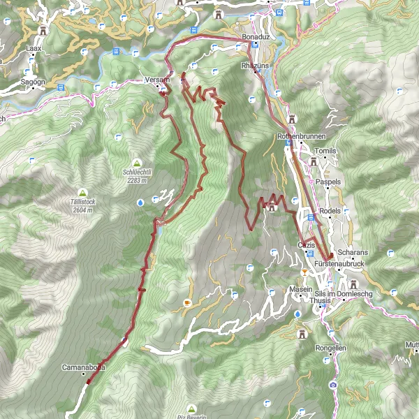 Miniaturní mapa "Gravelová trasa přes Präz a Rhäzüns" inspirace pro cyklisty v oblasti Ostschweiz, Switzerland. Vytvořeno pomocí plánovače tras Tarmacs.app