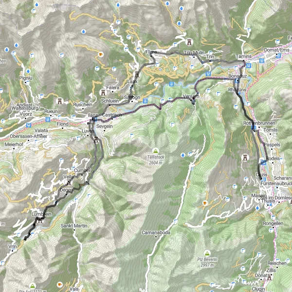 Miniatura della mappa di ispirazione al ciclismo "Avventuroso giro in bicicletta con partenza da Rhäzüns" nella regione di Ostschweiz, Switzerland. Generata da Tarmacs.app, pianificatore di rotte ciclistiche