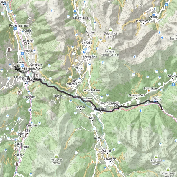 Karttaminiaatyyri "Cazis - Sils im Domleschg - Tiefencastel - Tartar - Cazis" pyöräilyinspiraatiosta alueella Ostschweiz, Switzerland. Luotu Tarmacs.app pyöräilyreittisuunnittelijalla