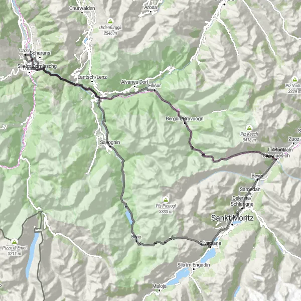 Kartminiatyr av "Albulapass og Julier - Sveitsiske Alpruter" sykkelinspirasjon i Ostschweiz, Switzerland. Generert av Tarmacs.app sykkelrutoplanlegger