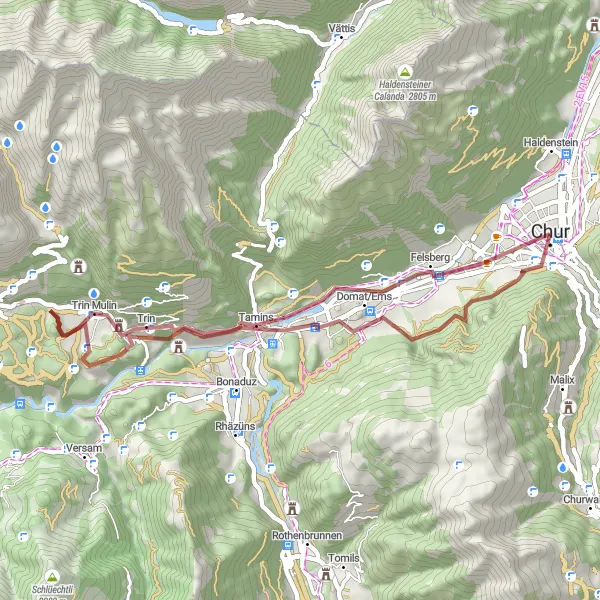 Miniatuurkaart van de fietsinspiratie "Gravelroute van Chur naar Tamins en Burgruine Canaschal" in Ostschweiz, Switzerland. Gemaakt door de Tarmacs.app fietsrouteplanner