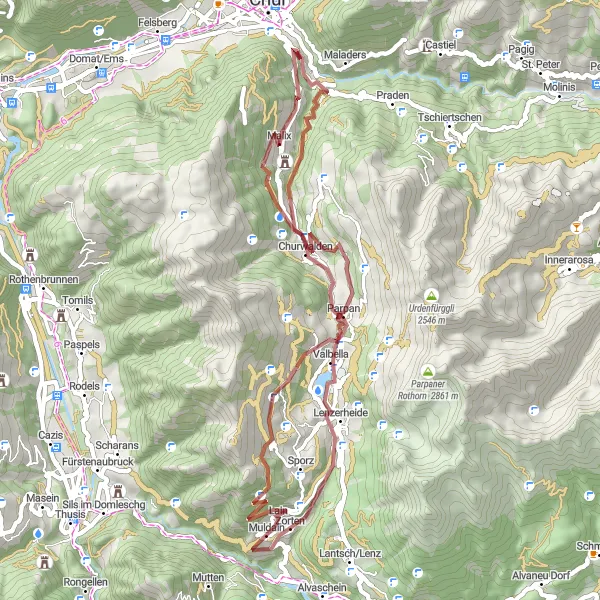 Map miniature of "Rhine Gorge Gravel Adventure" cycling inspiration in Ostschweiz, Switzerland. Generated by Tarmacs.app cycling route planner