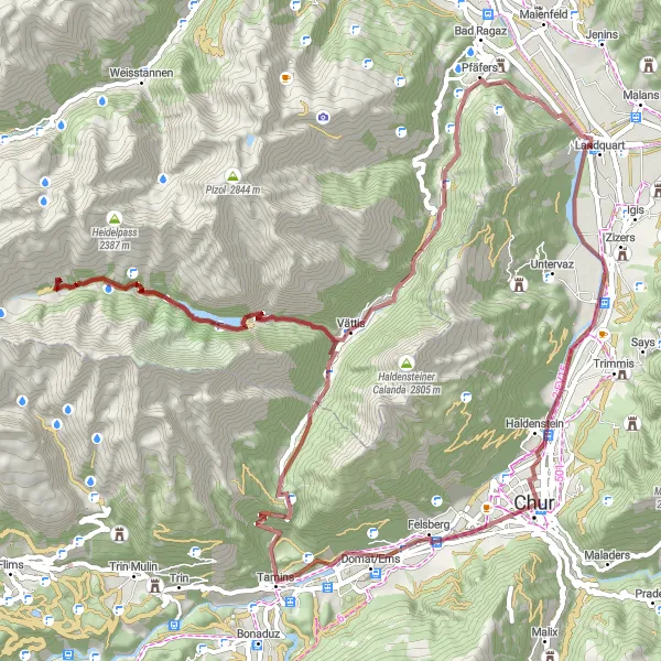 Map miniature of "Breathtaking Alpine Gravel Challenge" cycling inspiration in Ostschweiz, Switzerland. Generated by Tarmacs.app cycling route planner