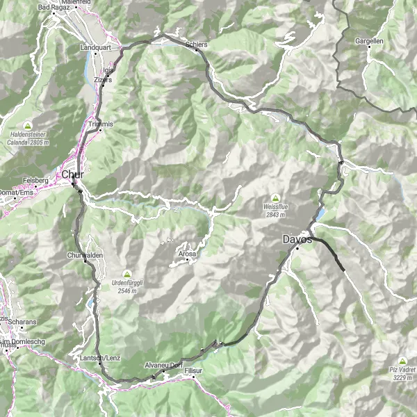 Miniatura della mappa di ispirazione al ciclismo "Giro in bicicletta stradale da Chur a Lenzerheide" nella regione di Ostschweiz, Switzerland. Generata da Tarmacs.app, pianificatore di rotte ciclistiche