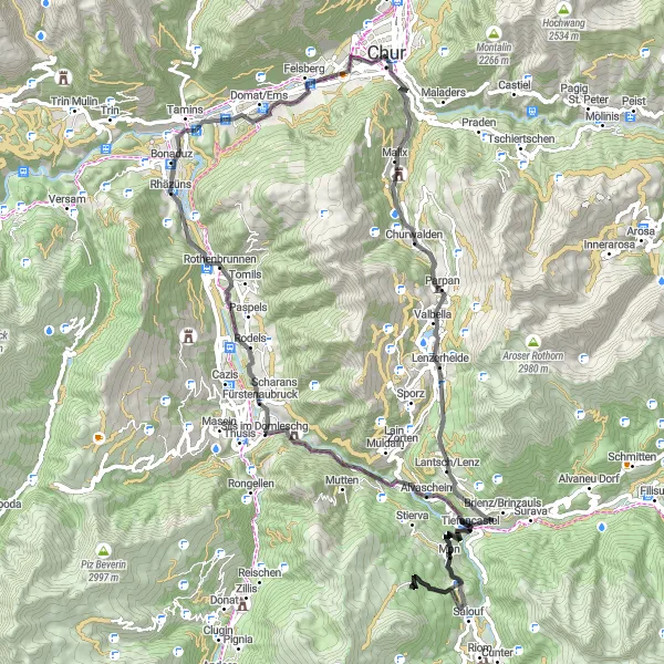 Kartminiatyr av "Lenzerheide til Chur via Tiefencastel og Mon" sykkelinspirasjon i Ostschweiz, Switzerland. Generert av Tarmacs.app sykkelrutoplanlegger
