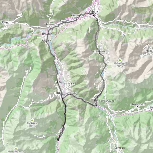 Miniatua del mapa de inspiración ciclista "Ruta en carretera Chur - Thusis" en Ostschweiz, Switzerland. Generado por Tarmacs.app planificador de rutas ciclistas