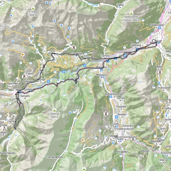 Miniaturekort af cykelinspirationen "Rute gennem Tuma Falveng og Laax" i Ostschweiz, Switzerland. Genereret af Tarmacs.app cykelruteplanlægger