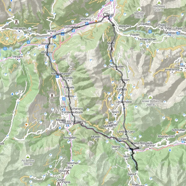 Kartminiatyr av "Utfordrende sykkeltur til Sils im Domleschg fra Chur via Vazerol" sykkelinspirasjon i Ostschweiz, Switzerland. Generert av Tarmacs.app sykkelrutoplanlegger