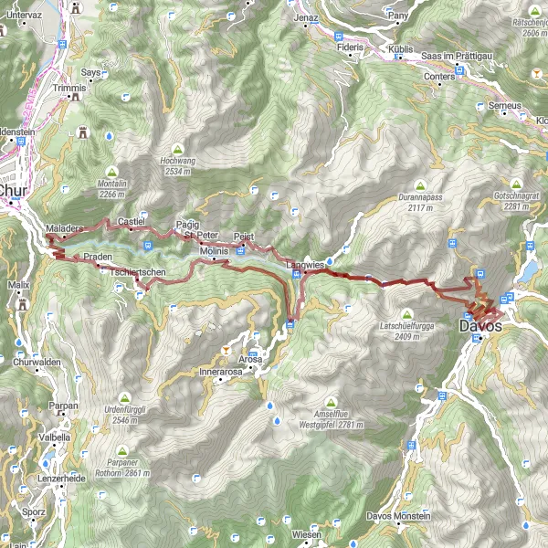 Miniatua del mapa de inspiración ciclista "Ruta de Ciclismo en Grava desde Davos a Jatz" en Ostschweiz, Switzerland. Generado por Tarmacs.app planificador de rutas ciclistas