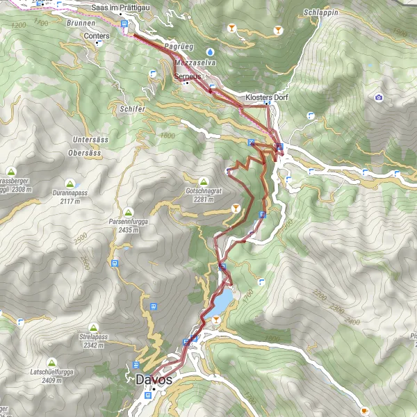 Miniatua del mapa de inspiración ciclista "Aventura en Grava de Davos a Klosters Dorf" en Ostschweiz, Switzerland. Generado por Tarmacs.app planificador de rutas ciclistas