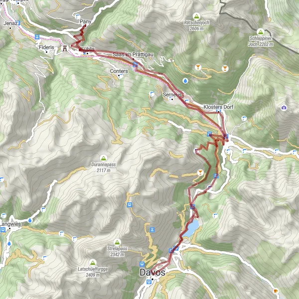 Map miniature of "Discover Davos on Gravel" cycling inspiration in Ostschweiz, Switzerland. Generated by Tarmacs.app cycling route planner